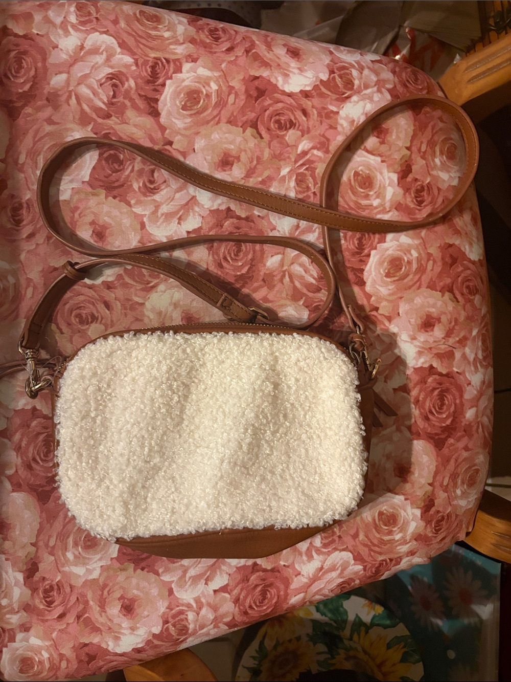 Women's Cream Sherpa Crossbody Bag with Tan Leather Trim